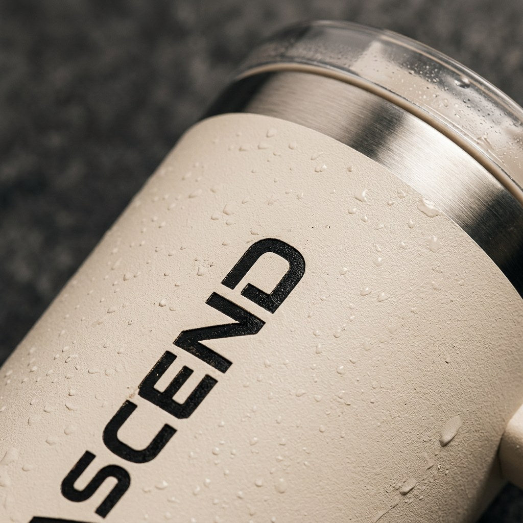 Close-up of the engraved ASCEND wordmark and stainless steel rim