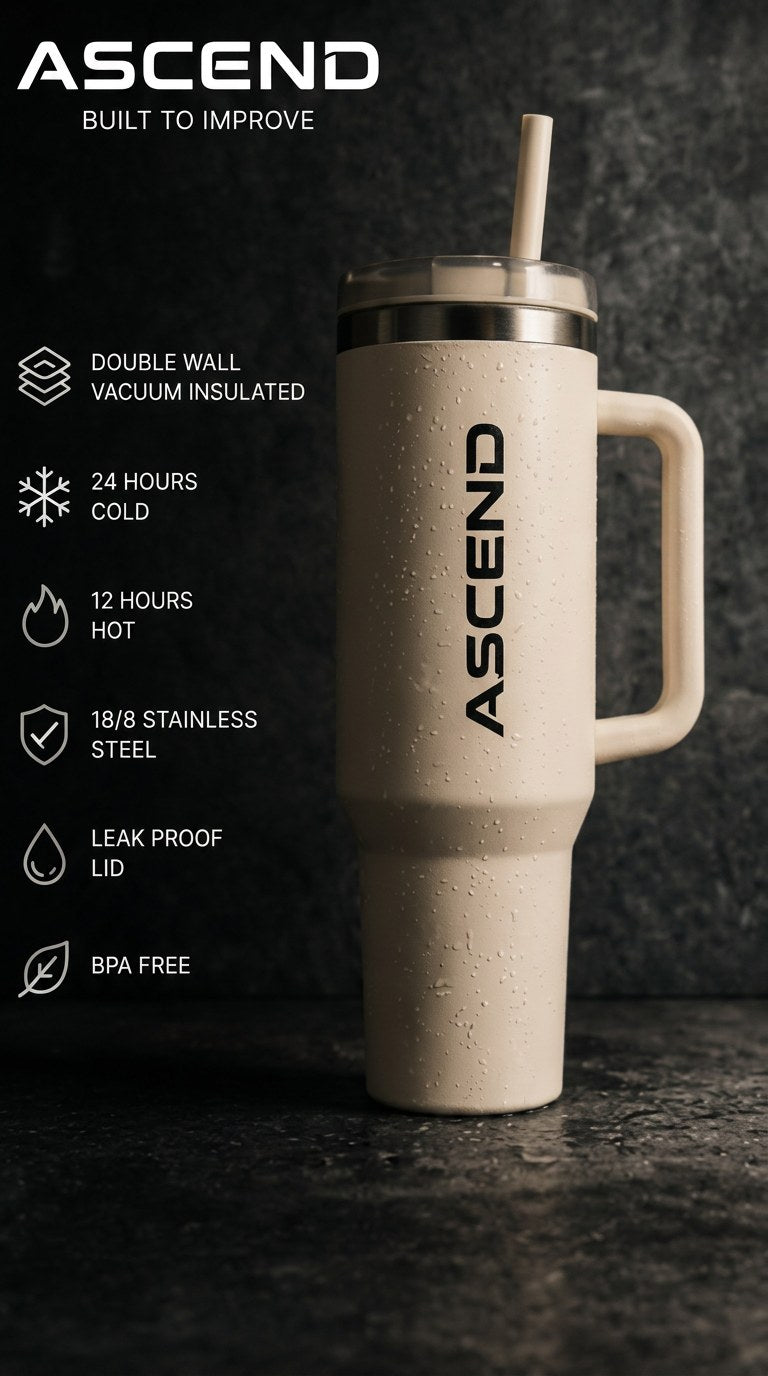 ASCEND Daily Hydration Bottle features: double wall vacuum insulated, 24h cold, 12h hot, 18/8 stainless steel, leak proof lid, BPA free