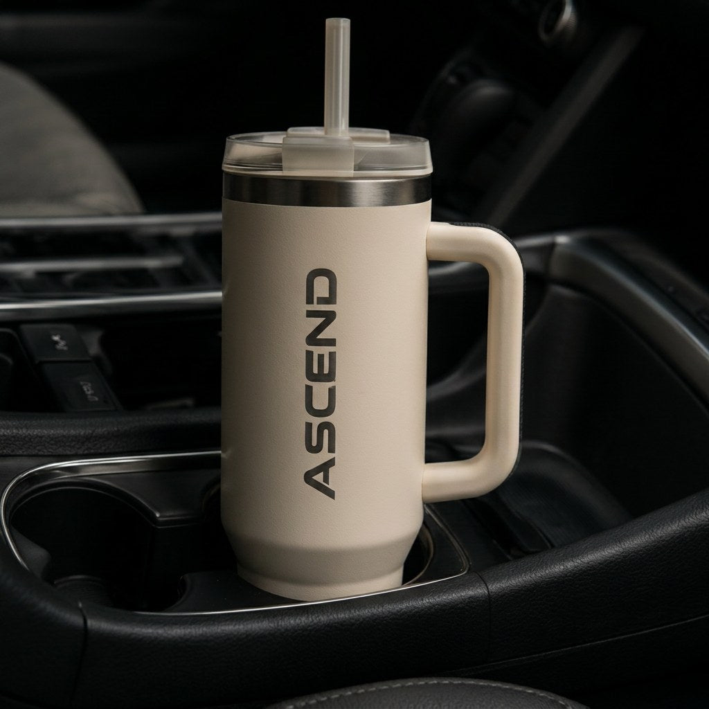 ASCEND Daily Hydration Bottle in a car cup holder