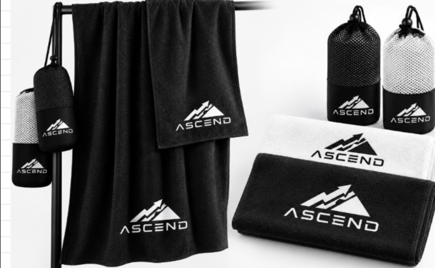 ASCEND Microfibre Training Towel in black and white with mesh carry pouches