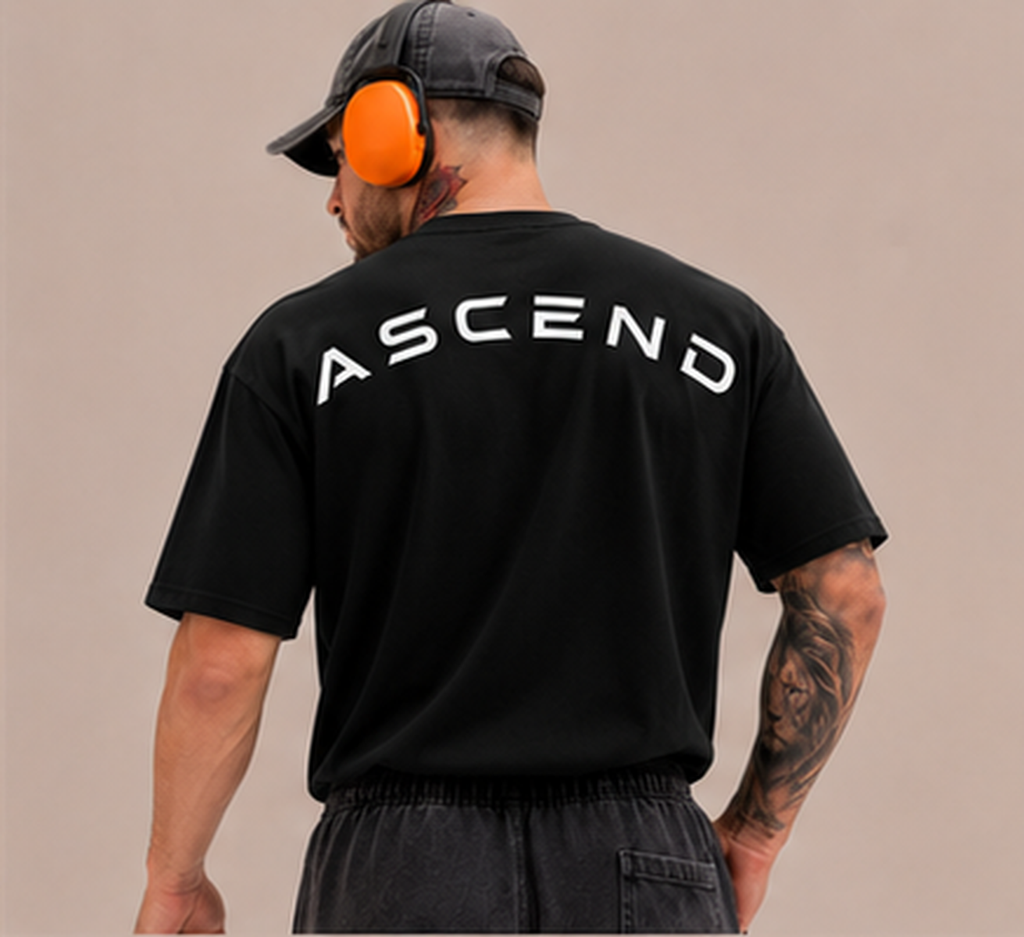 ASCEND Oversized Performance Tee in black, back with arched ASCEND print