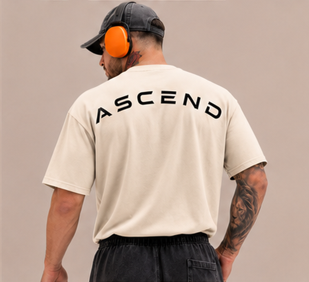 ASCEND Oversized Performance Tee in off white, back with arched ASCEND print