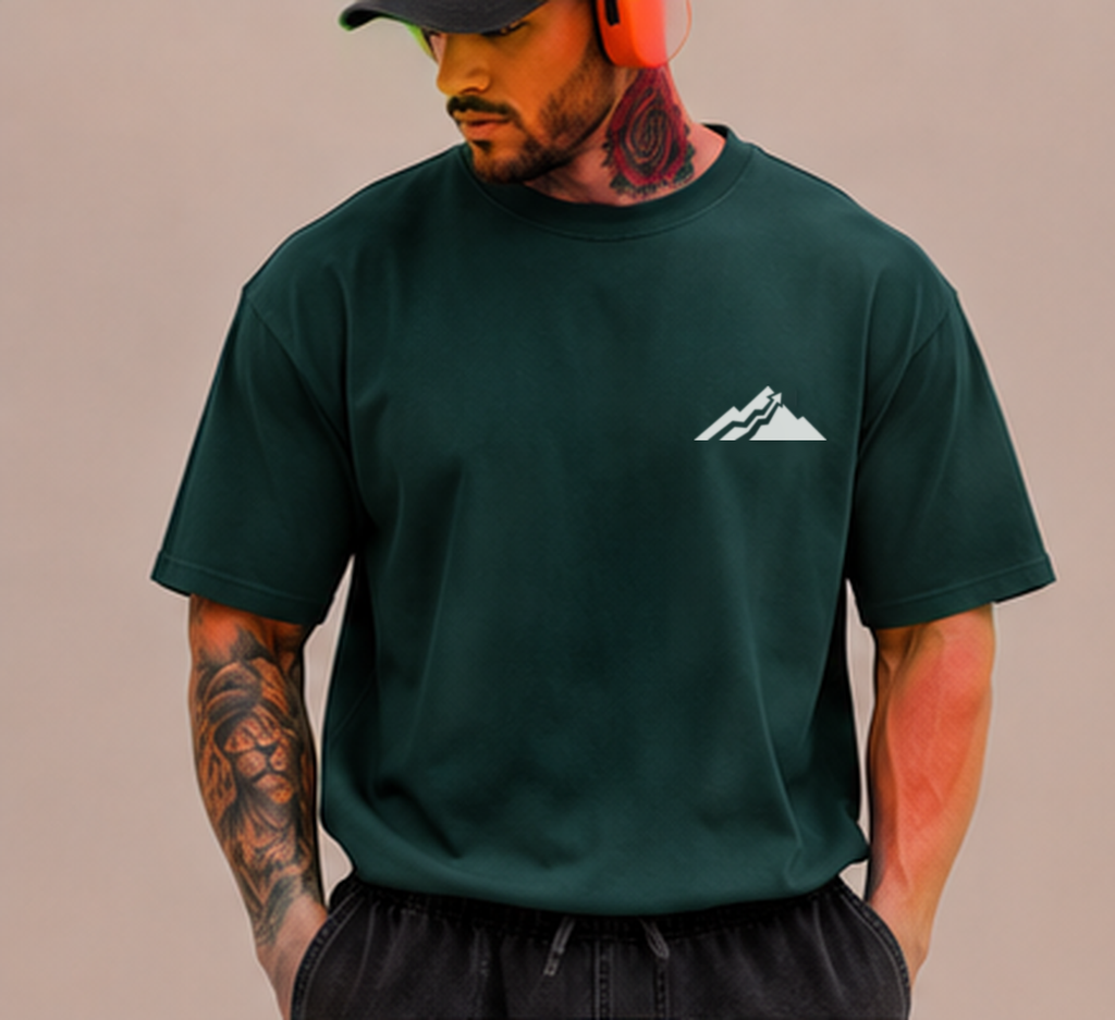 ASCEND Oversized Performance Tee in forest green, front, official ASCEND mountain mark on left chest